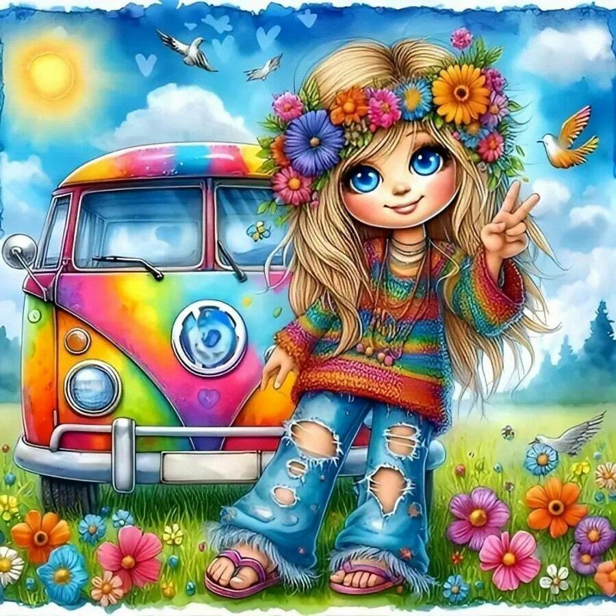 Home Decor Hippie - Hippie Girl with Rainbow Van in